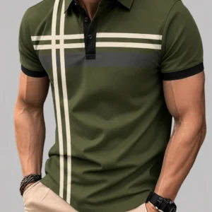 TAZO Men Striped Polo Neck Cotton Blend Green T-Shirt